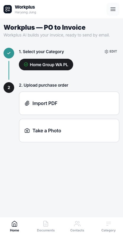 Workplus mobile upload screen for Purchase Orders